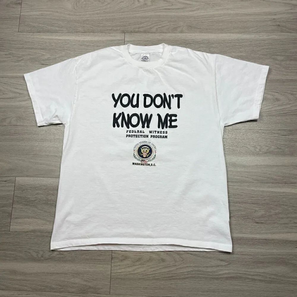 Vintage Shirt Mens Large White Funny You Dont Know Me Witness Protection 90s